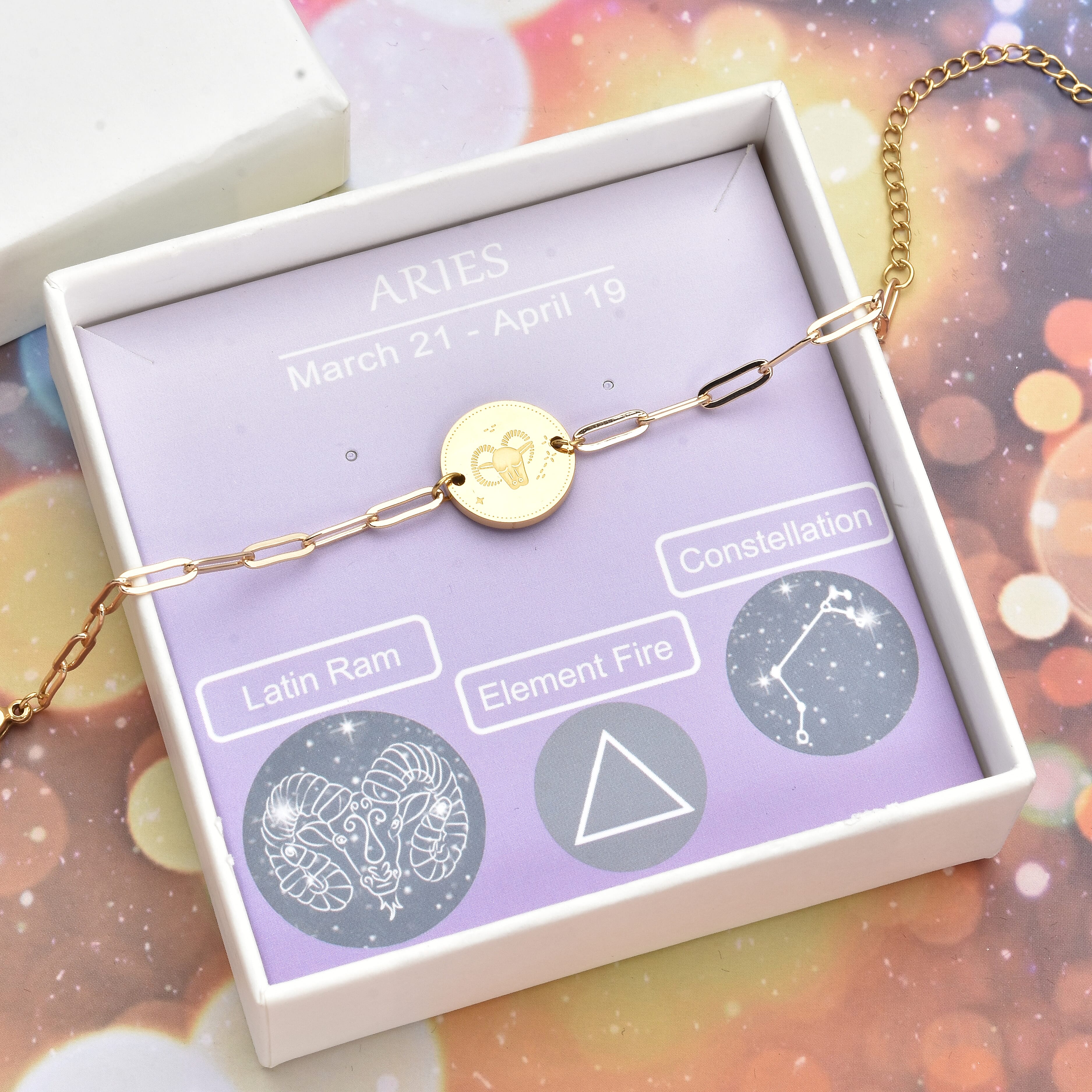 White Austrian Crystal Aries Zodiac Engraved Coin Charm Bracelet in ION Plated YG Stainless Steel (7.00 In)