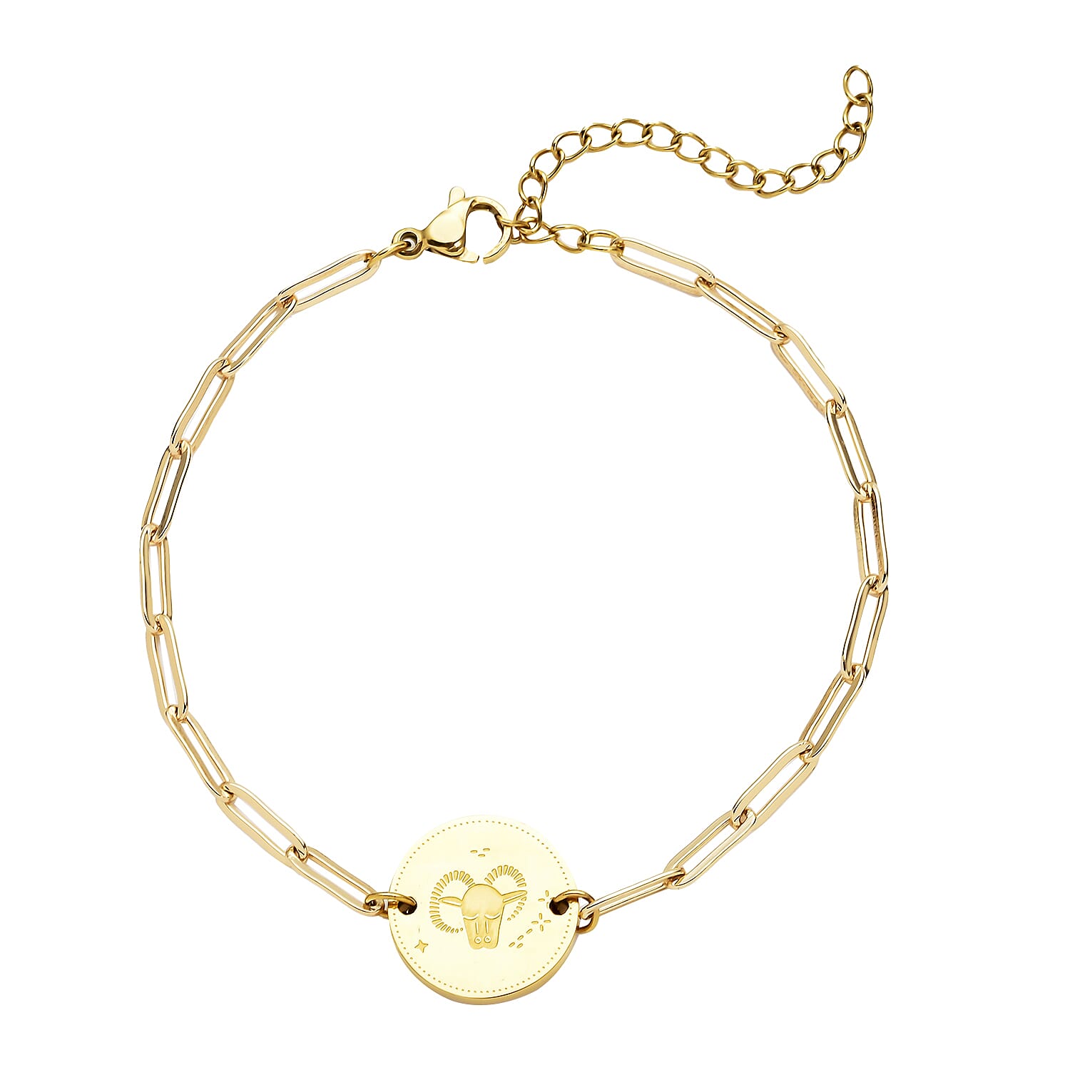 White Austrian Crystal Aries Zodiac Engraved Coin Charm Bracelet in ION Plated YG Stainless Steel (7.00 In)