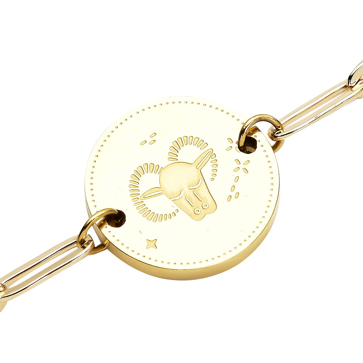 White Austrian Crystal Aries Zodiac Engraved Coin Charm Bracelet in ION Plated YG Stainless Steel (7.00 In)