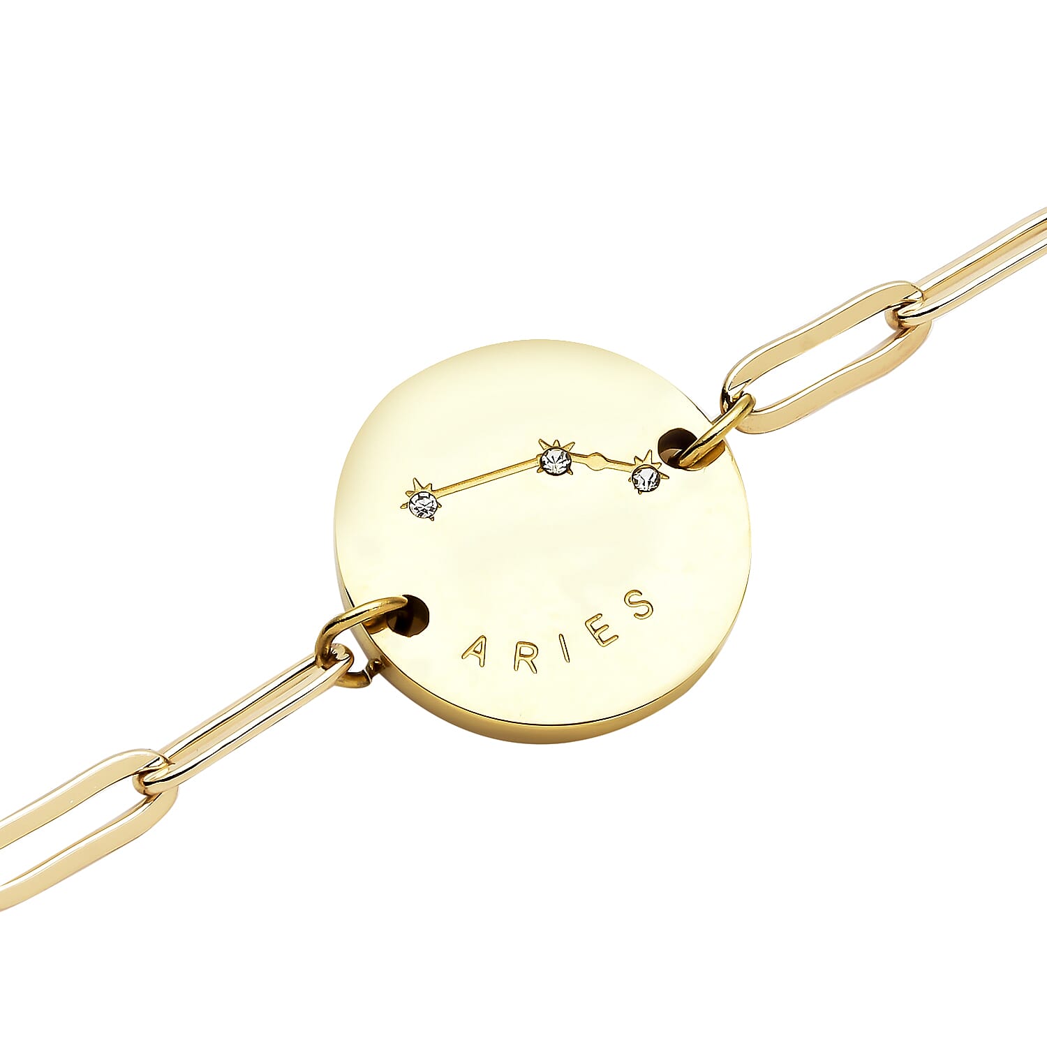 White Austrian Crystal Aries Zodiac Engraved Coin Charm Bracelet in ION Plated YG Stainless Steel (7.00 In)