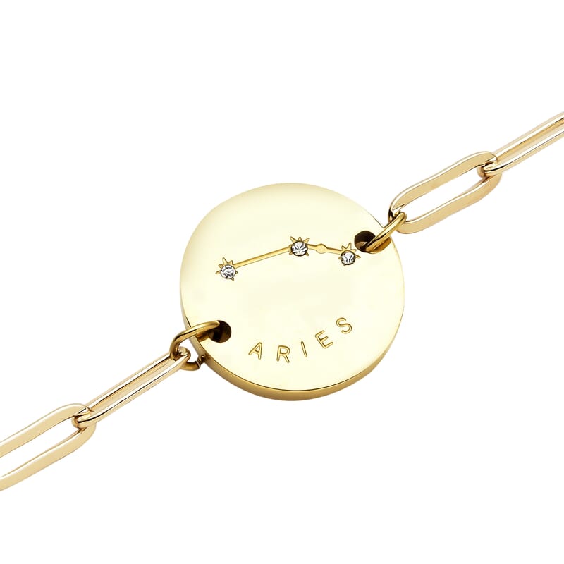 White Austrian Crystal Aries Zodiac Engraved Coin Charm Bracelet in ION Plated YG Stainless Steel (7.00 In)