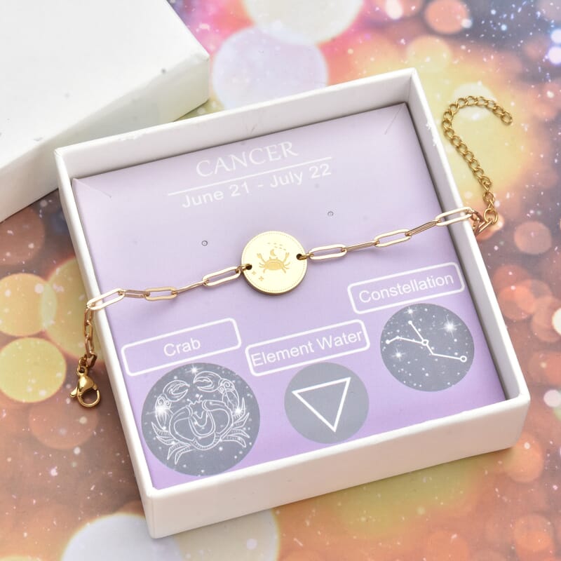 White Austrian Crystal Cancer Zodiac Engraved Coin Charm Bracelet in ION Plated YG Stainless Steel (7.00 In)