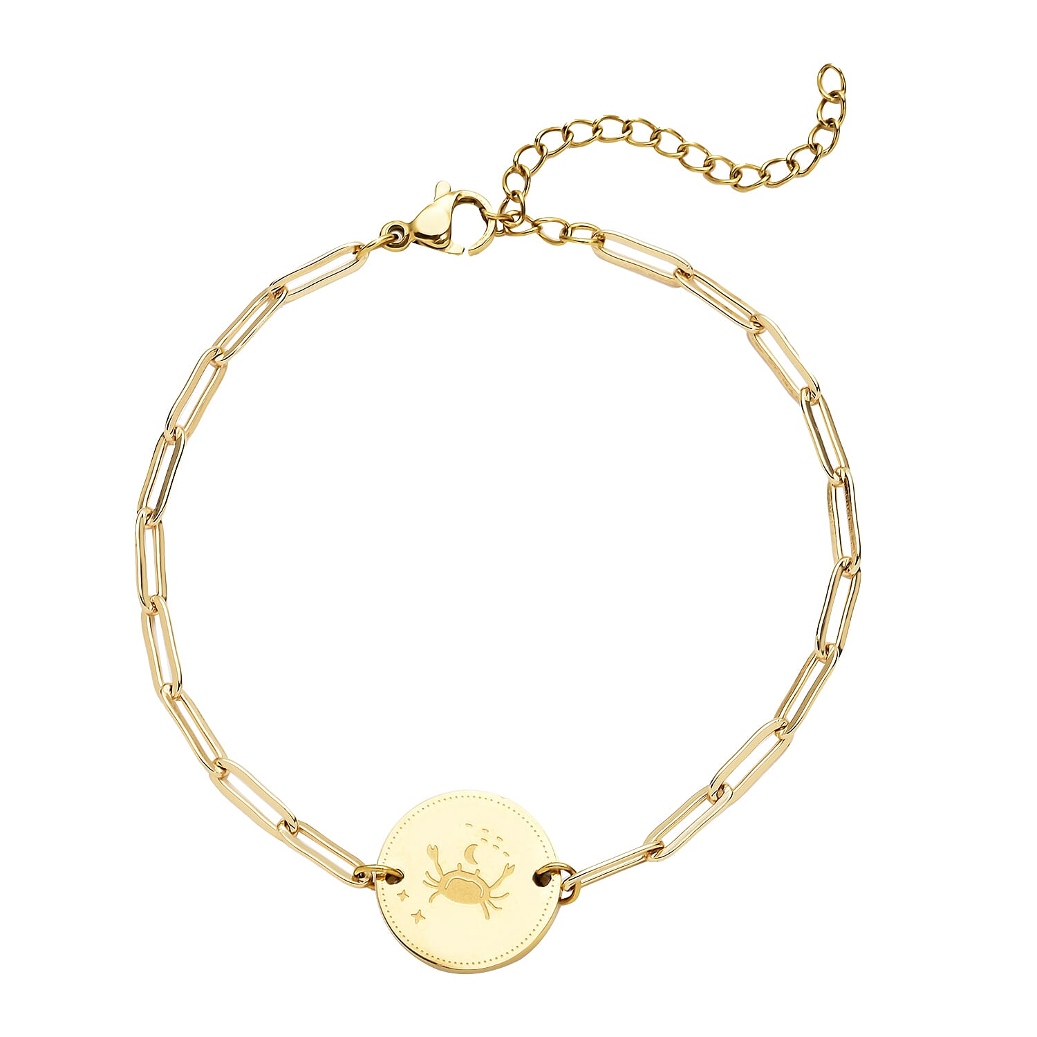 White Austrian Crystal Cancer Zodiac Engraved Coin Charm Bracelet in ION Plated YG Stainless Steel (7.00 In)