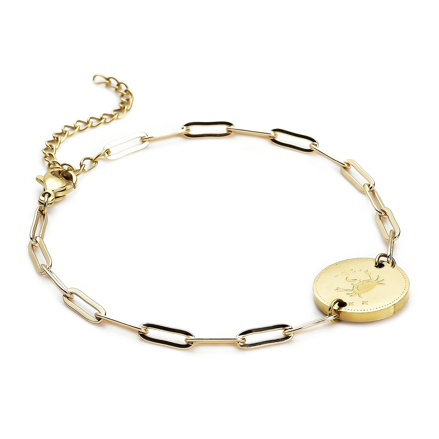 White Austrian Crystal Cancer Zodiac Engraved Coin Charm Bracelet in ION Plated YG Stainless Steel (7.00 In)