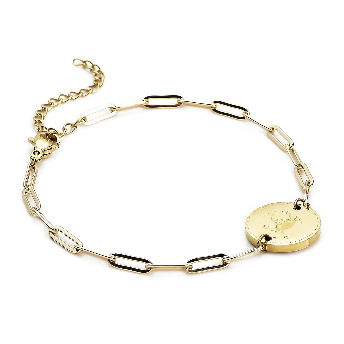 White Austrian Crystal Cancer Zodiac Engraved Coin Charm Bracelet in ION Plated YG Stainless Steel (7.00 In) image number 2