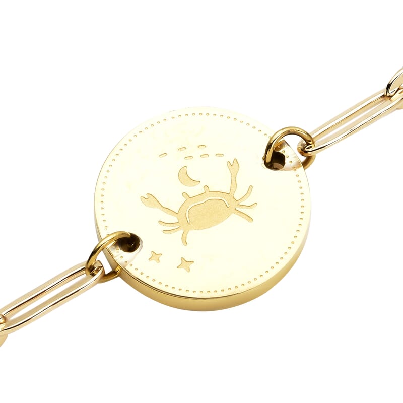 White Austrian Crystal Cancer Zodiac Engraved Coin Charm Bracelet in ION Plated YG Stainless Steel (7.00 In)