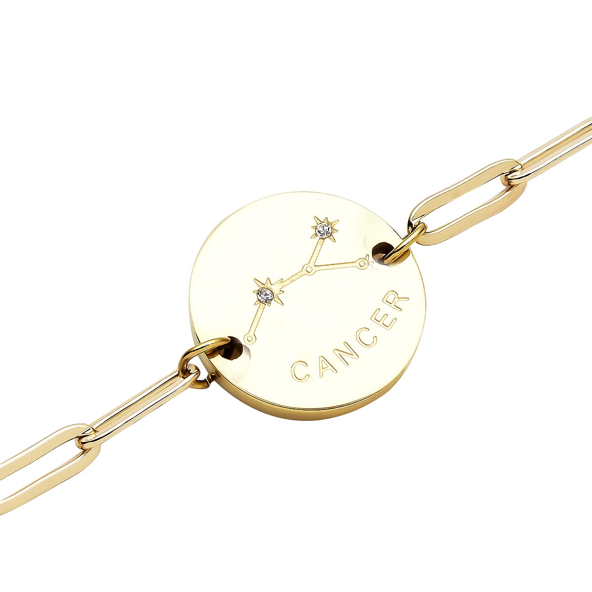 White Austrian Crystal Cancer Zodiac Engraved Coin Charm Bracelet in ION Plated YG Stainless Steel (7.00 In) image number 4