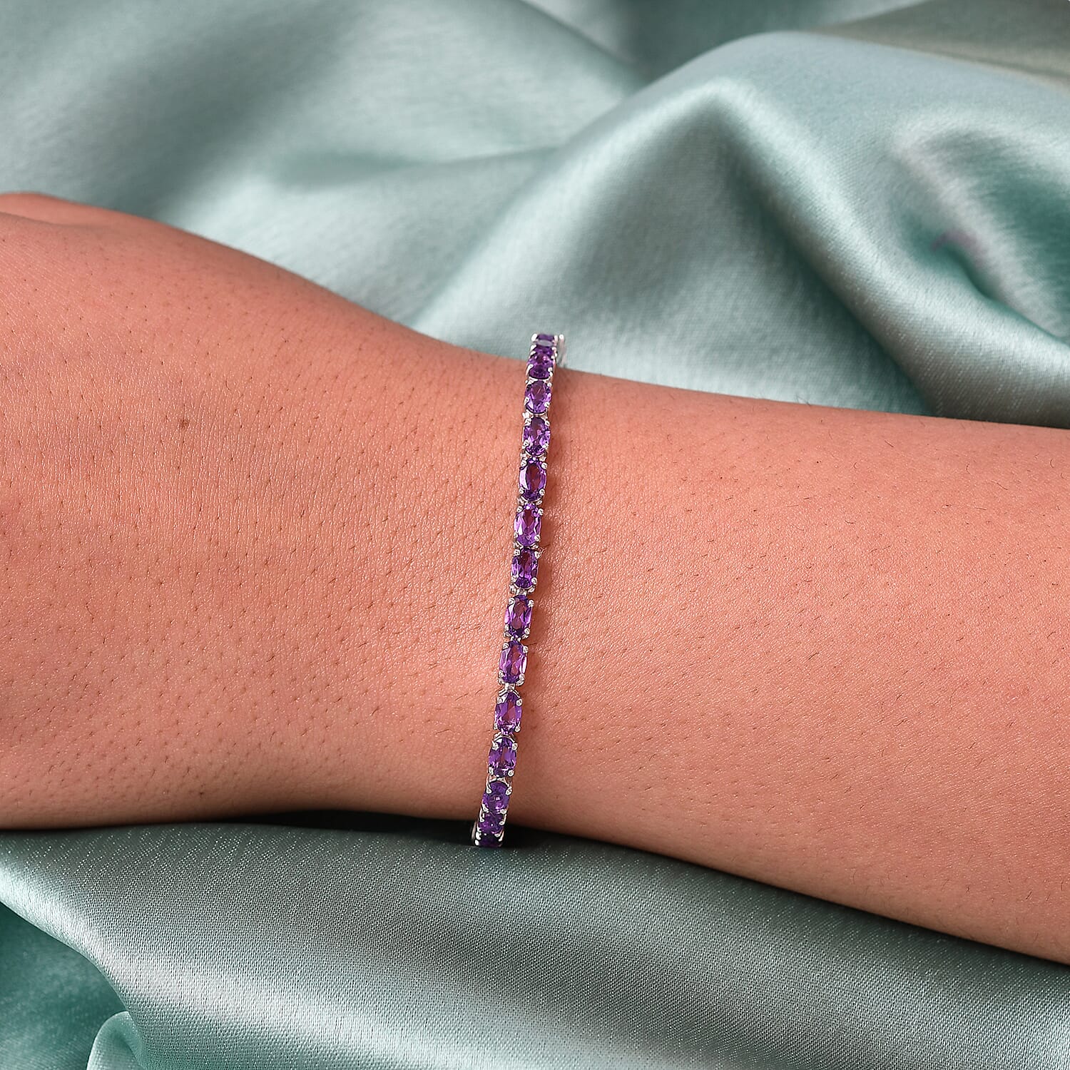 Amethyst Tennis Bracelet in Platinum Over Sterling Silver (6.50 In) 6.85 Grams 6.40 ctw