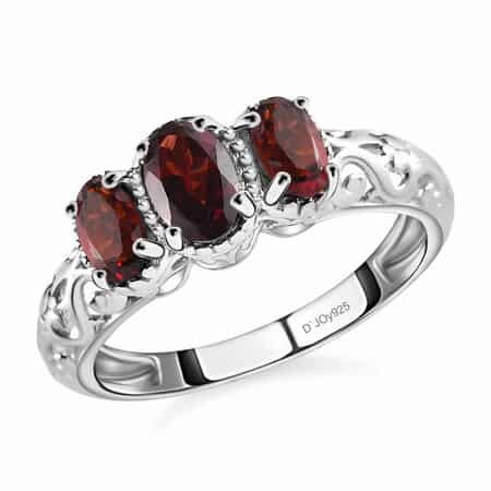 Garnet Ring, 3 Stone Garnet Ring, Trilogy Ring, Sterling Silver Ring, Birthstone Jewelry, Mozambique Garnet 3 Stone Ring 1.15 ctw image number 0