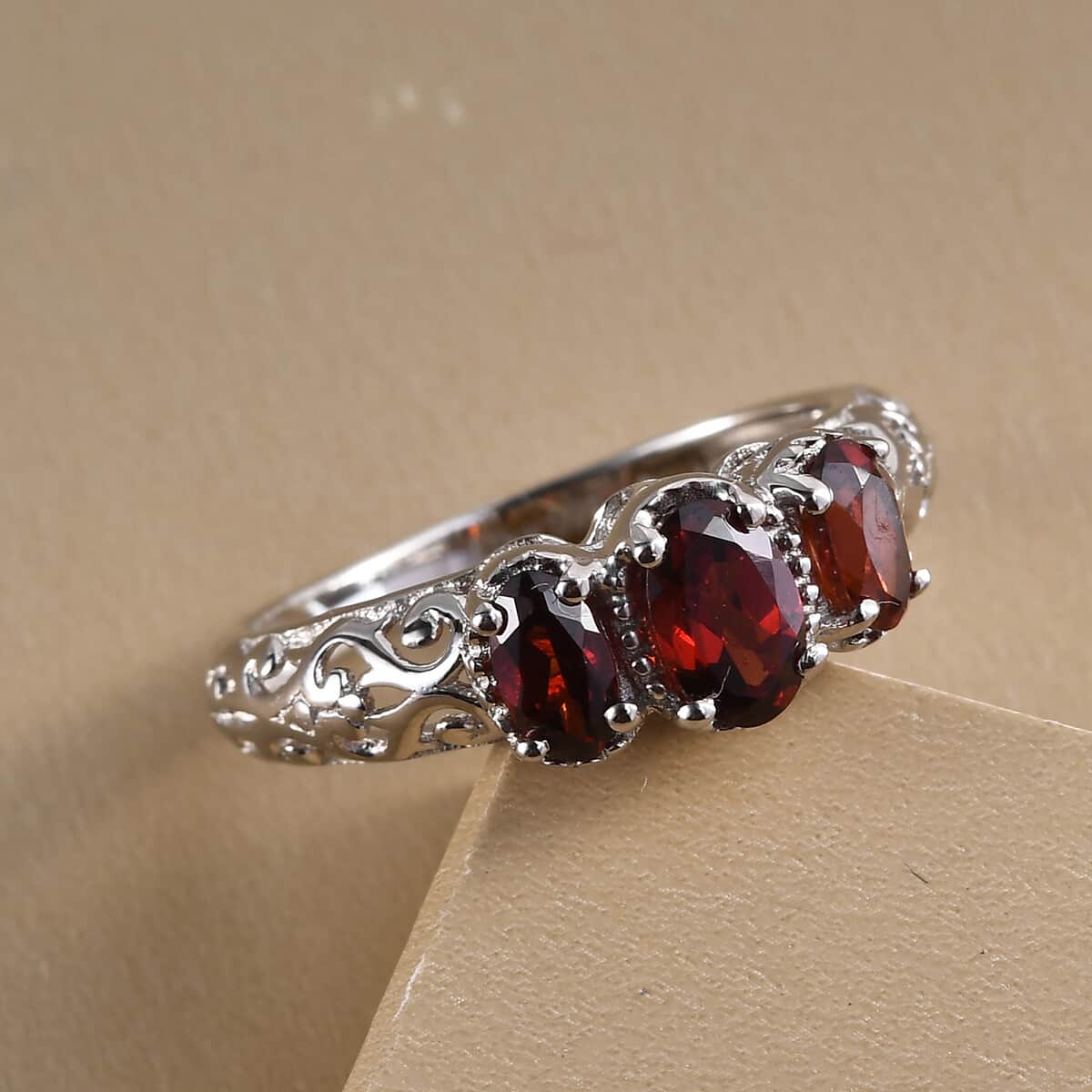 Mozambique Garnet 3 Stone Ring in Platinum Over Sterling Silver 1.15 ctw image number 1