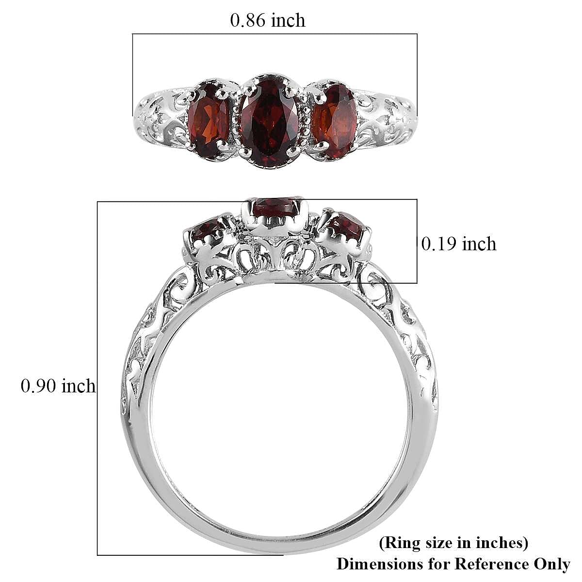 D'Joy Mozambique Garnet 1.20 ctw 3 Stone Ring in Platinum Over Sterling Silver 1.10 ctw (Size 10.0)