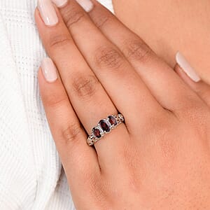 D'Joy Mozambique Garnet 1.20 ctw 3 Stone Ring in Platinum Over Sterling Silver 1.10 ctw (Size 5.0)