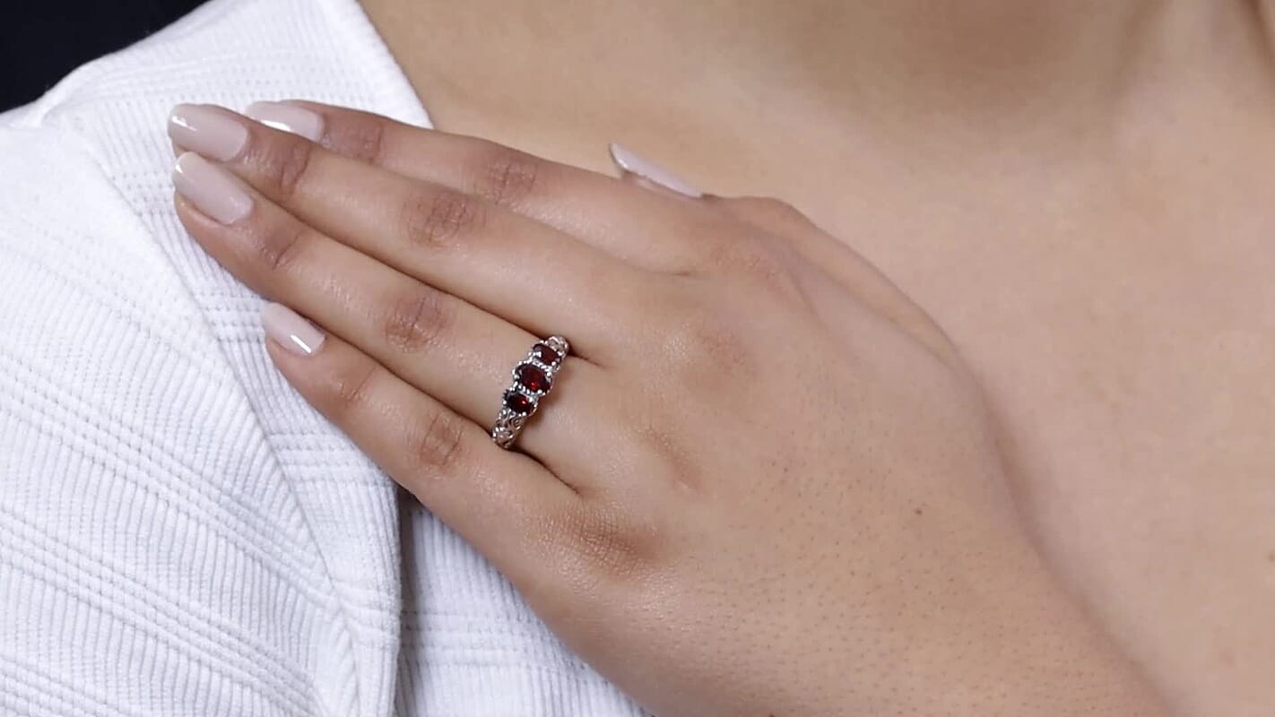 Mozambique Garnet 3 Stone Ring in Platinum Over Sterling Silver 1.15 ctw