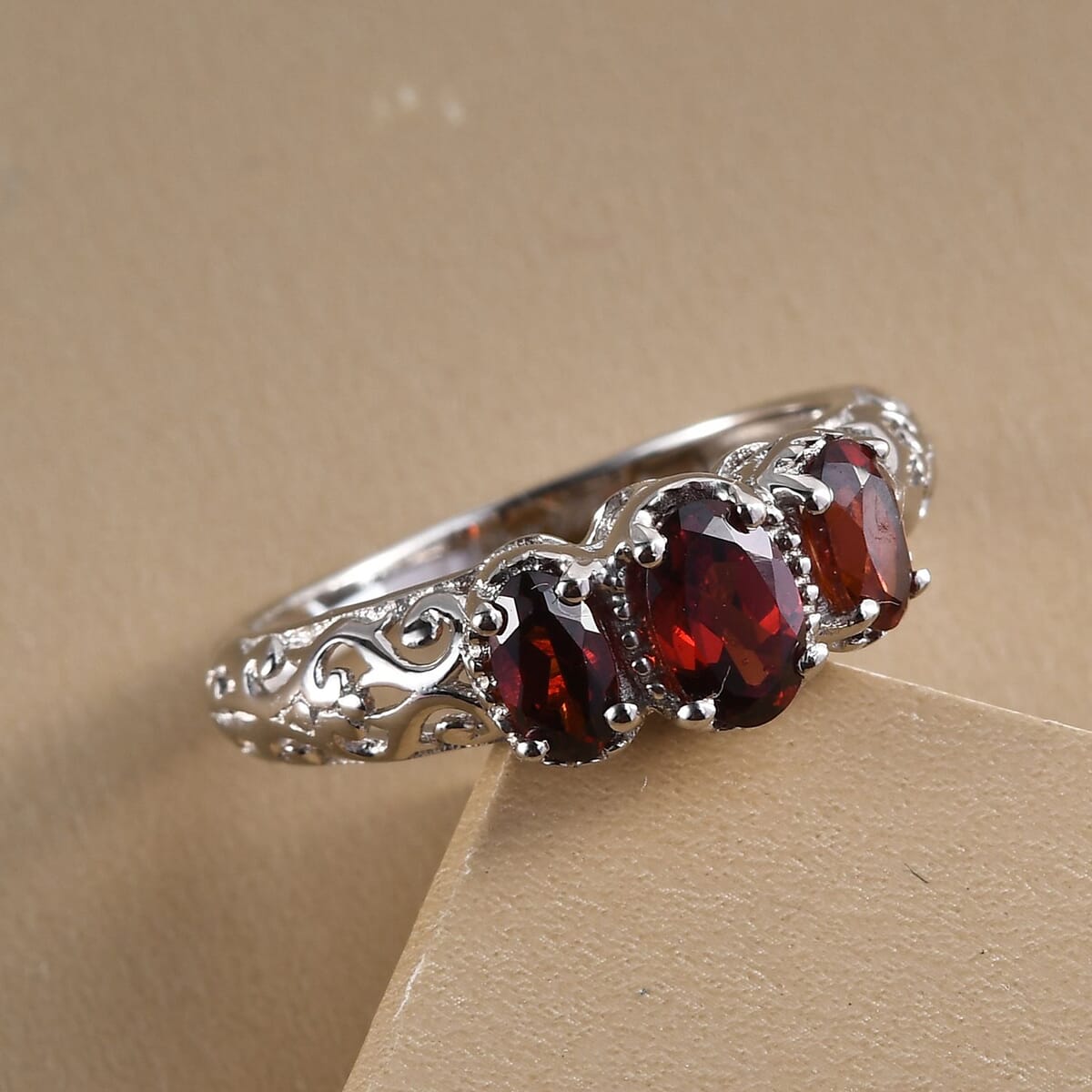 D'Joy Mozambique Garnet 1.15 ctw Ring, 3 Stone Garnet Ring, Trilogy Ring, Sterling Silver Ring, Birthstone Jewelry, Garnet 3 Stone Ring (Size 8.00) image number 1