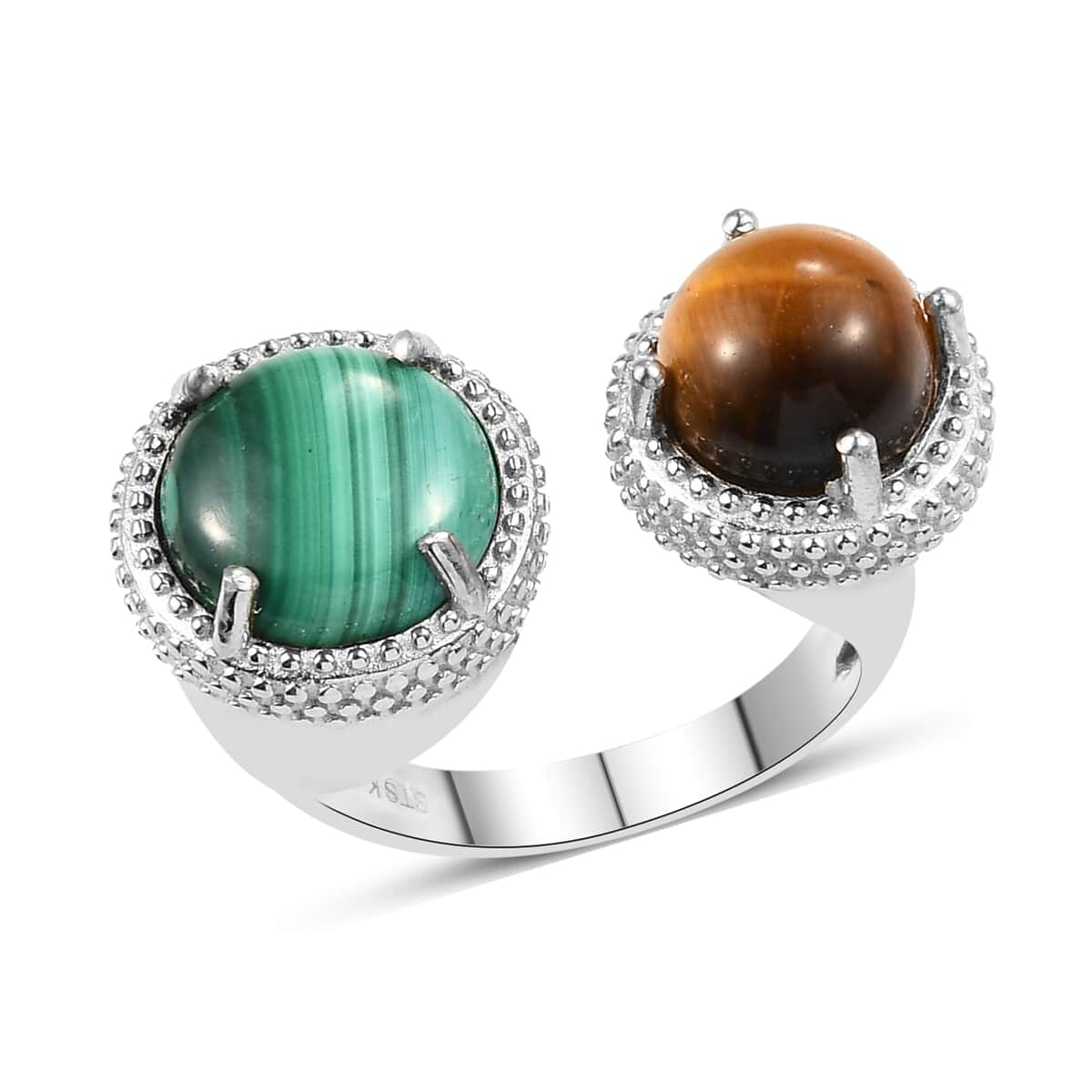 KARIS African Malachite and South African Tiger's Eye Open Band Ring in Platinum Bond 7.20 ctw image number 0