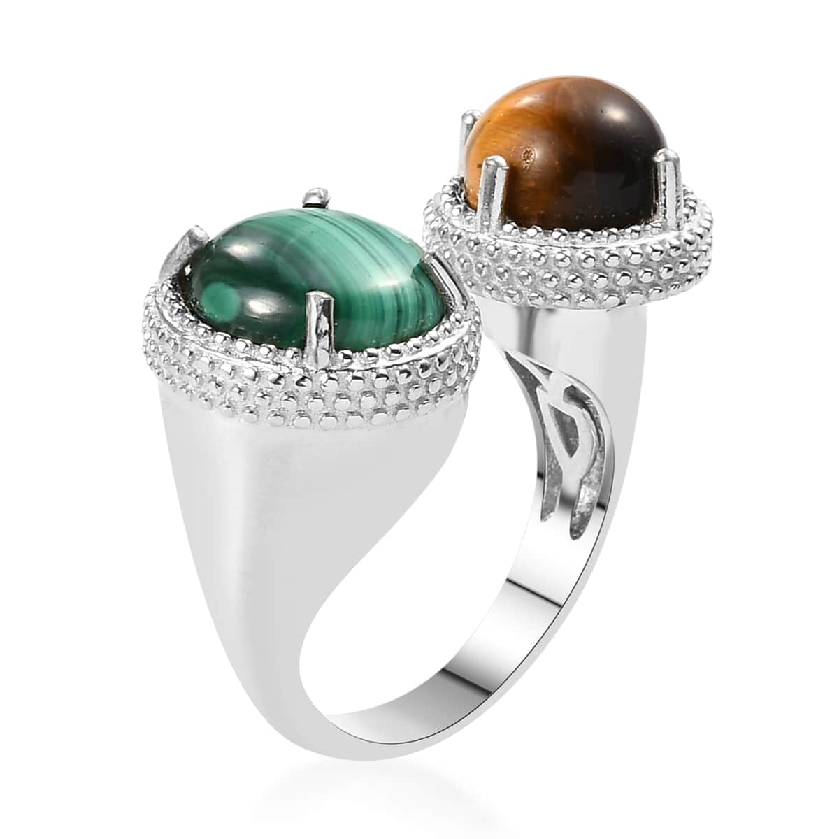 KARIS African Malachite and South African Tiger's Eye Open Band Ring in Platinum Bond (Size 7.0) 7.20 ctw image number 3