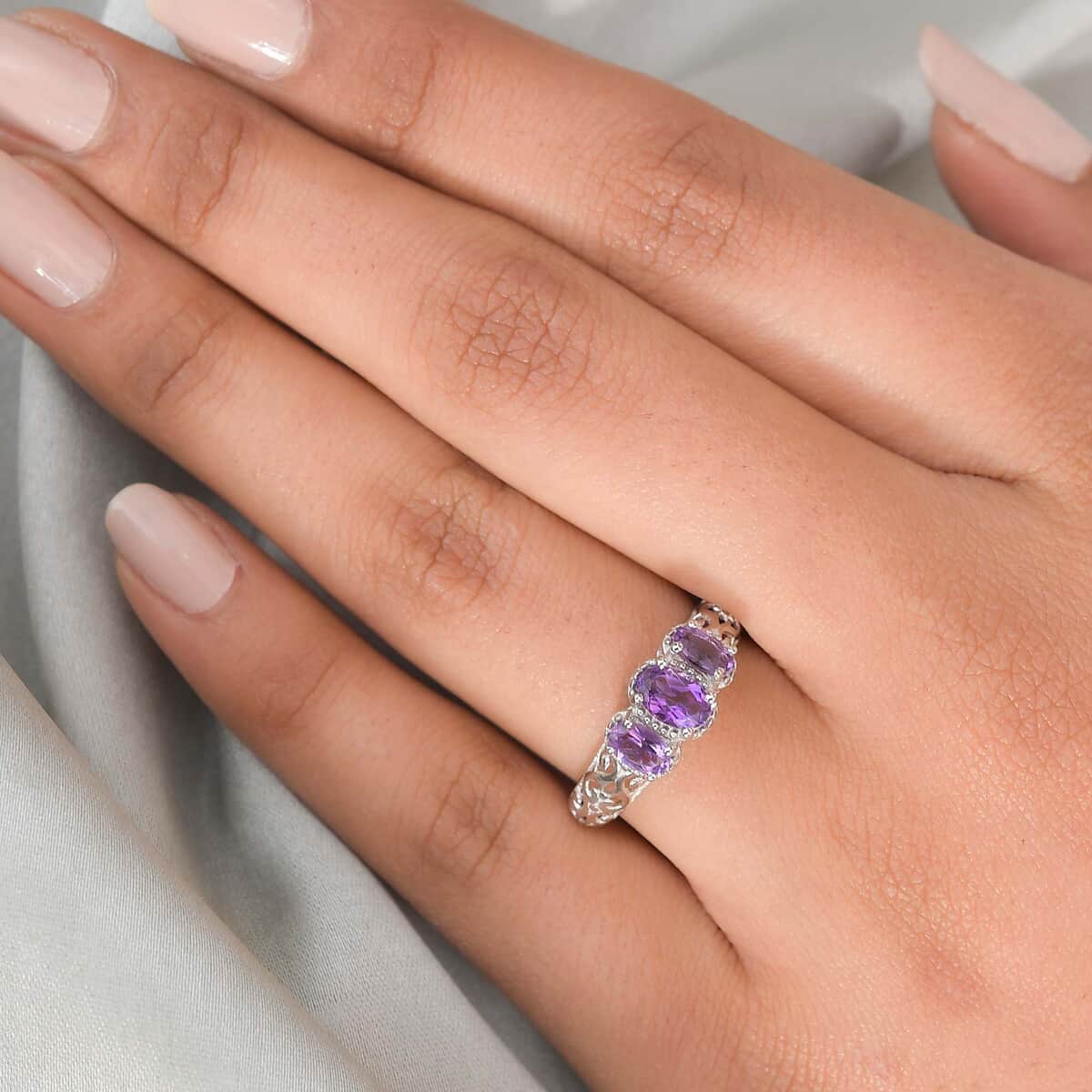 Amethyst Ring, 3 Stone Amethyst Ring, Trilogy Ring, Sterling Silver Ring, Birthstone Jewelry, Amethyst 3 Stone Ring 0.85 ctw (Size 10.0) image number 1