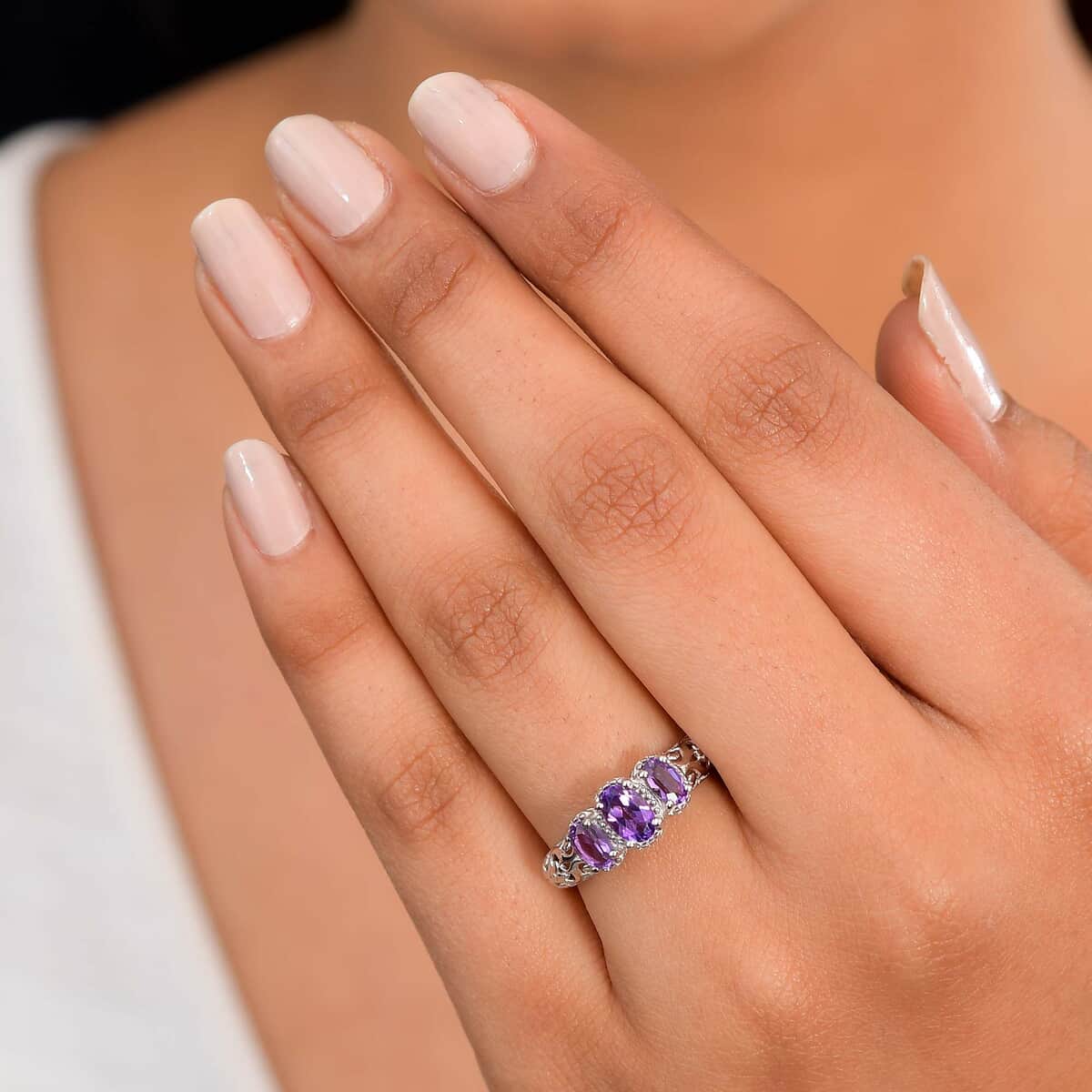 Amethyst Ring, 3 Stone Amethyst Ring, Trilogy Ring, Sterling Silver Ring, Birthstone Jewelry, Amethyst 3 Stone Ring 0.85 ctw image number 3