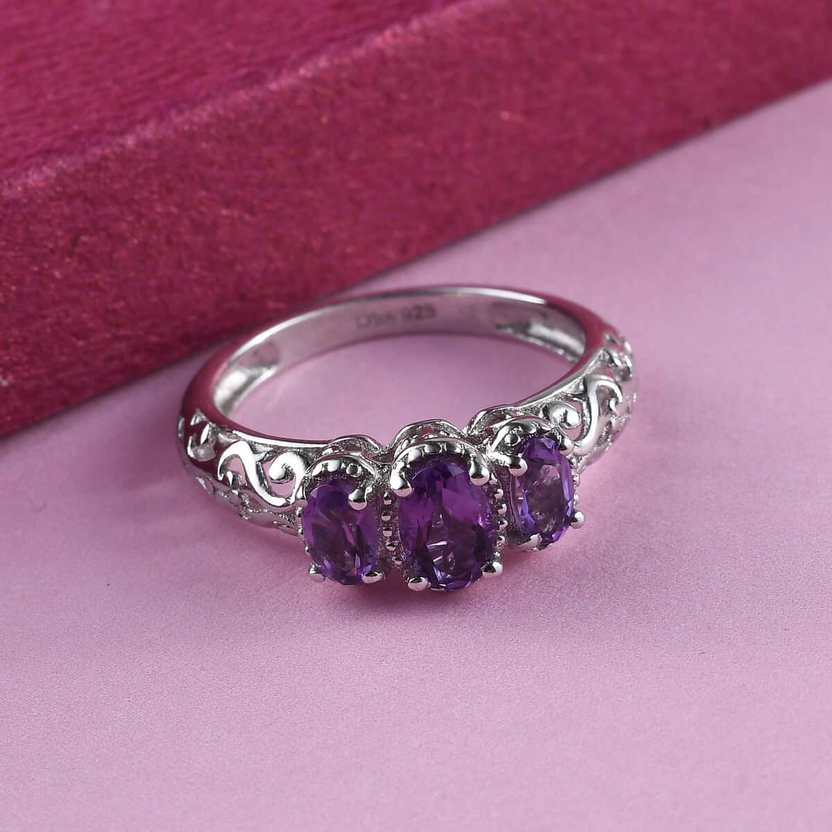 Amethyst Ring, 3 Stone Amethyst Ring, Trilogy Ring, Sterling Silver Ring, Birthstone Jewelry, Amethyst 3 Stone Ring 0.85 ctw image number 4