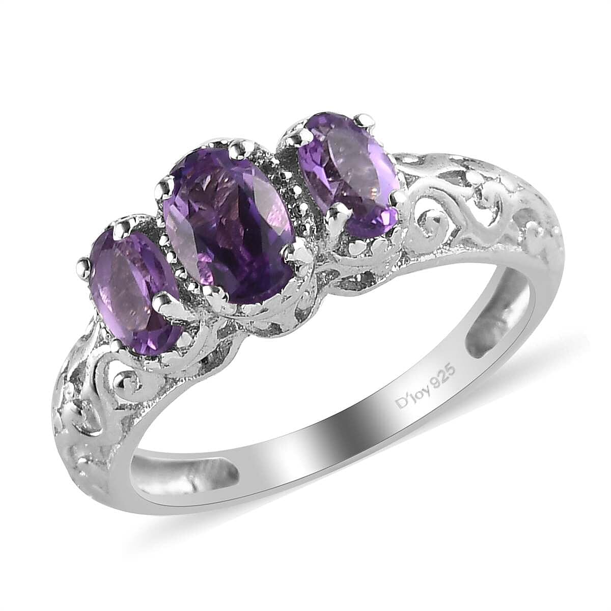 D'Joy Amethyst 0.85 ctw Ring, 3 Stone Amethyst Ring, Trilogy Ring, Sterling Silver Ring, Birthstone Jewelry, Amethyst 3 Stone Ring (Size 9.0) image number 0