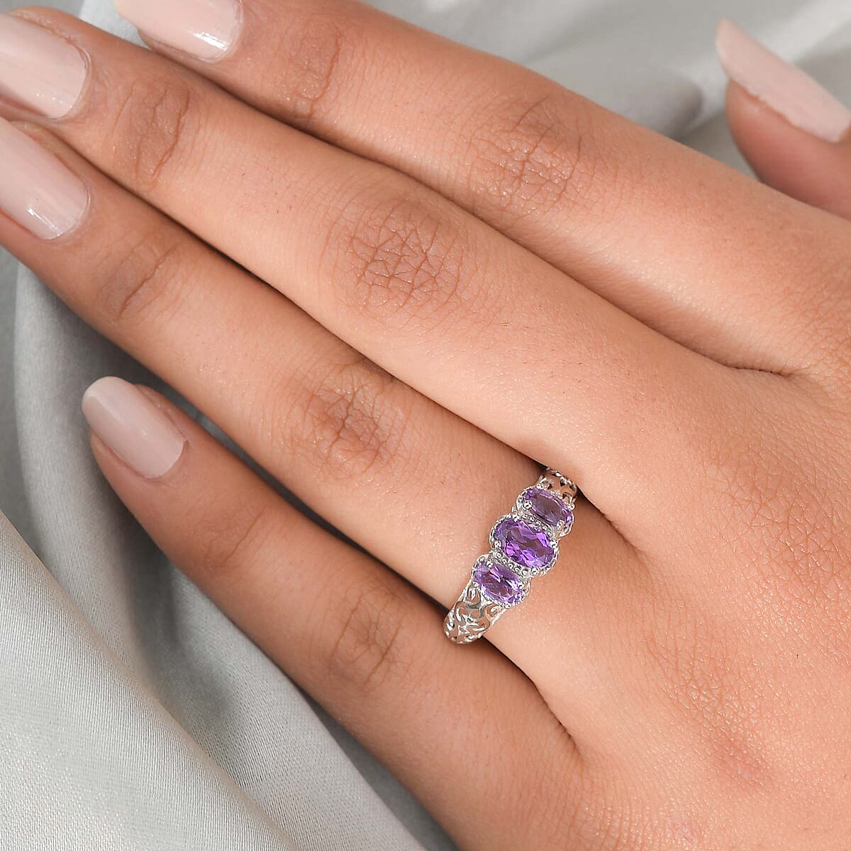 D'Joy Amethyst 0.85 ctw Ring, 3 Stone Amethyst Ring, Trilogy Ring, Sterling Silver Ring, Birthstone Jewelry, Amethyst 3 Stone Ring (Size 9.0) image number 1