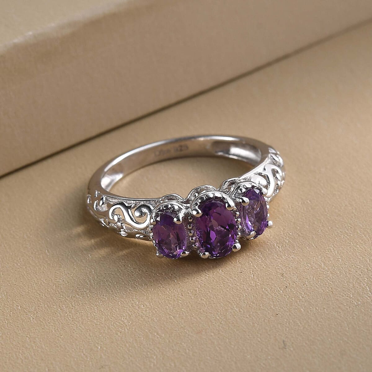 D'Joy Amethyst 0.85 ctw Ring, 3 Stone Amethyst Ring, Trilogy Ring, Sterling Silver Ring, Birthstone Jewelry, Amethyst 3 Stone Ring (Size 9.0) image number 5