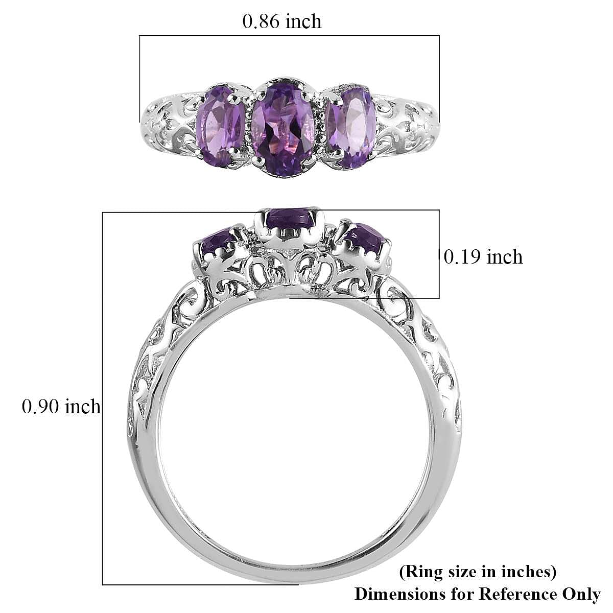D'Joy Amethyst 0.85 ctw Ring, 3 Stone Amethyst Ring, Trilogy Ring, Sterling Silver Ring, Birthstone Jewelry, Amethyst 3 Stone Ring (Size 9.0) image number 8