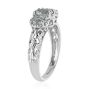D'Joy Mangoro Aquamarine 3 Stone Ring in Platinum Over Sterling Silver 0.85 ctw (Size 10.0)