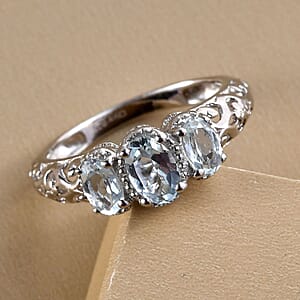 D'Joy Mangoro Aquamarine 3 Stone Ring in Platinum Over Sterling Silver 0.85 ctw (Size 5.0)