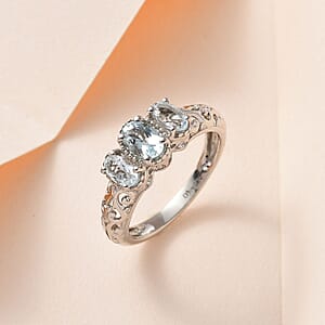 D'Joy Mangoro Aquamarine 3 Stone Ring in Platinum Over Sterling Silver 0.85 ctw (Size 8.0)