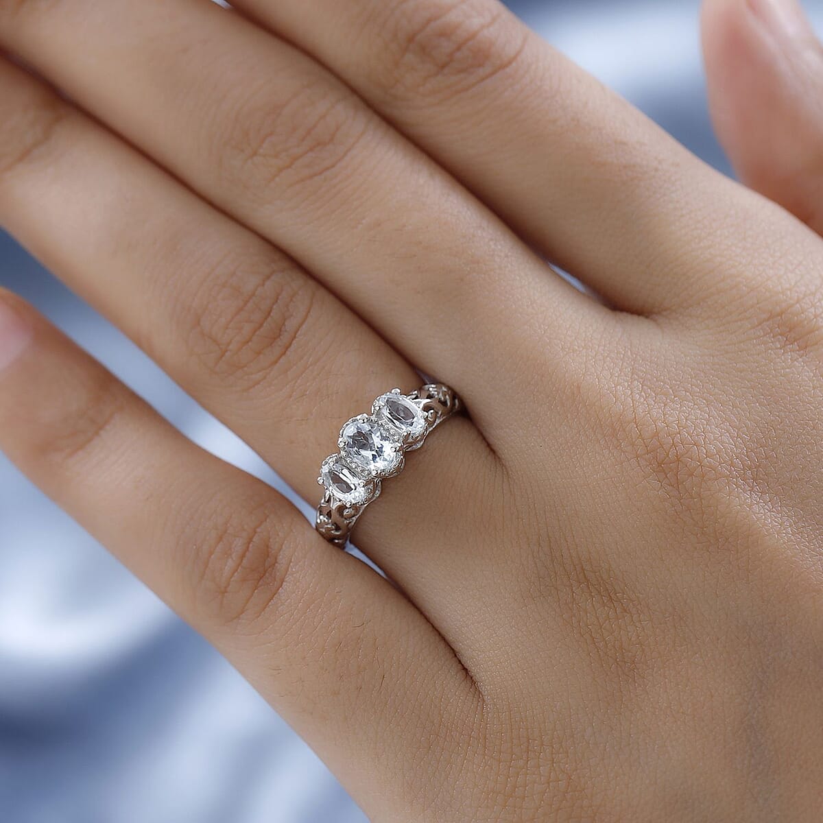 D'Joy Mangoro Aquamarine 3 Stone Ring in Platinum Over Sterling Silver 0.85 ctw (Size 8.0) image number 2