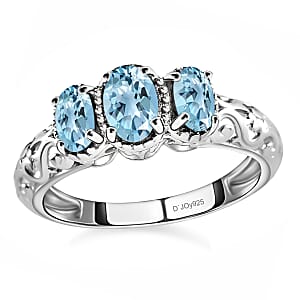 D'Joy Mangoro Aquamarine 3 Stone Ring in Platinum Over Sterling Silver 0.85 ctw (Size 9.0)