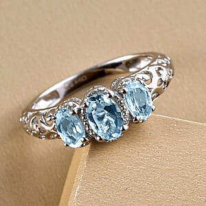 D'Joy Mangoro Aquamarine 3 Stone Ring in Platinum Over Sterling Silver 0.85 ctw (Size 9.0)