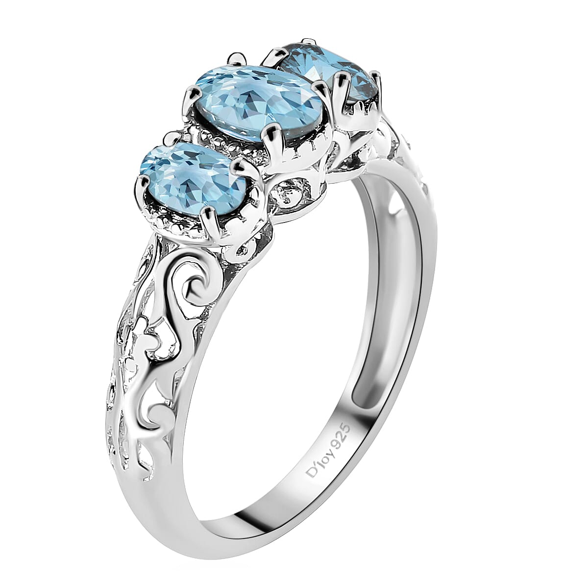 D'Joy Mangoro Aquamarine 3 Stone Ring in Platinum Over Sterling Silver 0.85 ctw (Size 9.0) image number 5
