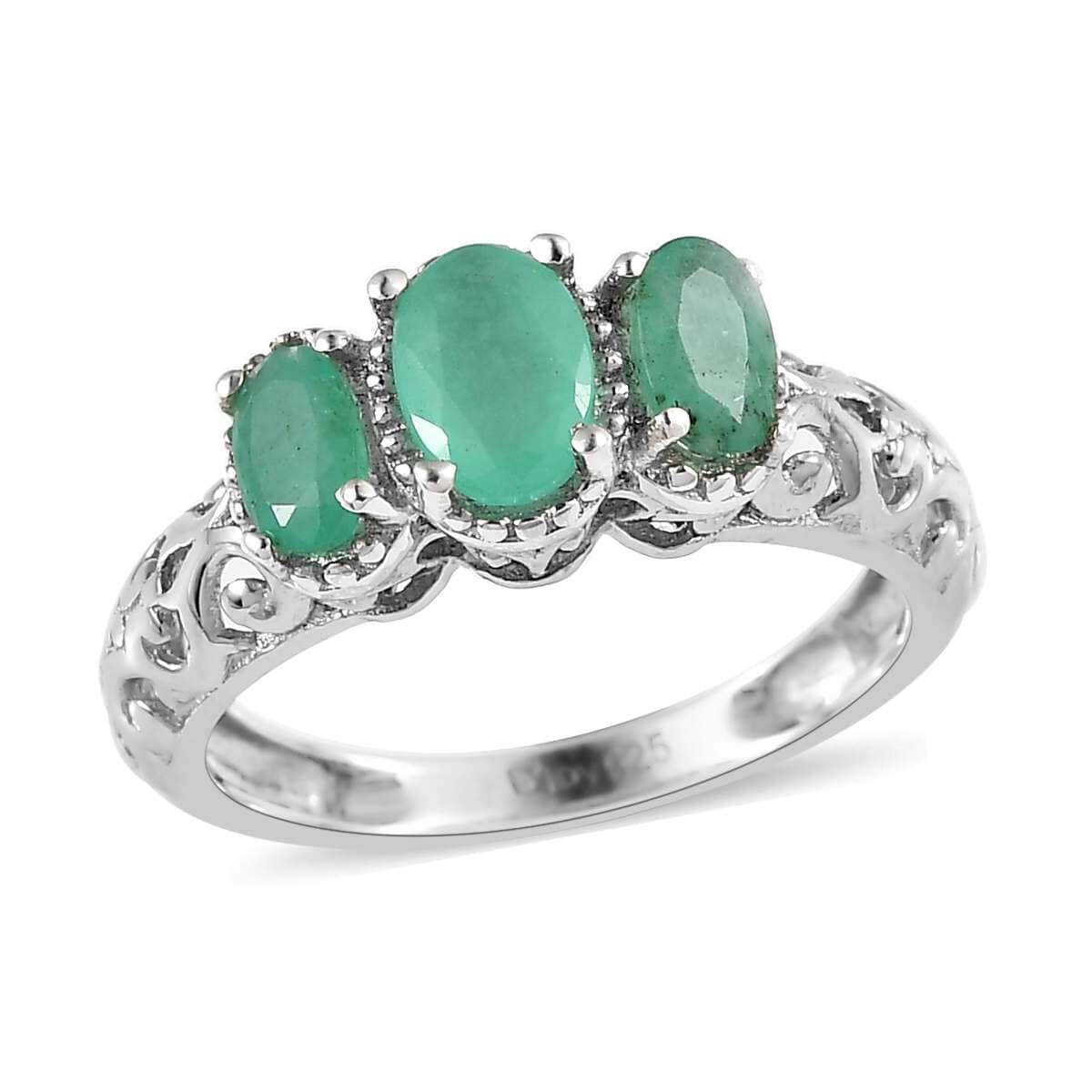 Kagem Zambian Emerald Trilogy Ring in Platinum Over Sterling Silver (Size 7.0) 0.85 ctw image number 0