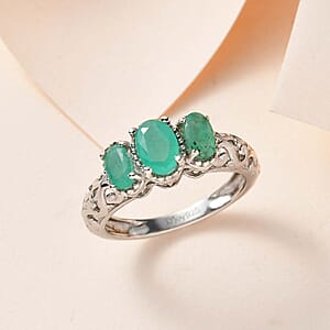D'Joy Kagem Zambian Emerald Trilogy Ring in Platinum Over Sterling Silver 0.90 ctw (Size 10.0)