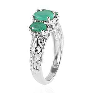 D'Joy Kagem Zambian Emerald Trilogy Ring in Platinum Over Sterling Silver 0.90 ctw (Size 10.0)