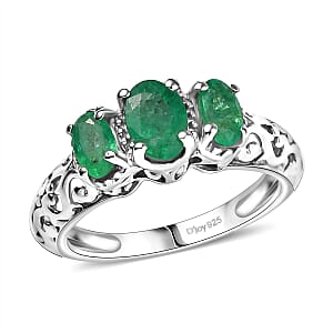 D'Joy Kagem Zambian Emerald 0.90 ctw Trilogy Ring in Platinum Over Sterling Silver (Size 8.0)