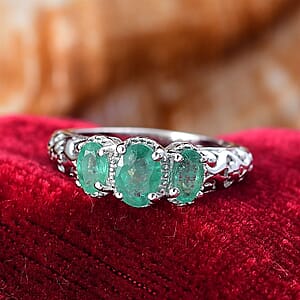 D'Joy Kagem Zambian Emerald Trilogy Ring in Platinum Over Sterling Silver 0.90 ctw (Size 8.0)