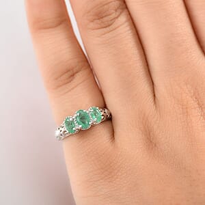 D'Joy Kagem Zambian Emerald Trilogy Ring in Platinum Over Sterling Silver 0.90 ctw (Size 8.0)