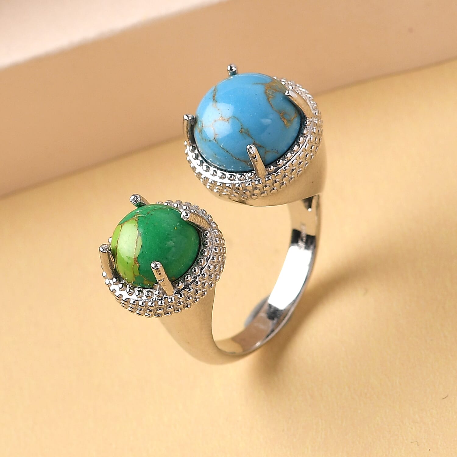 Karis Mojave Blue and Green Turquoise Open Band Ring in Platinum Bond (Size 10.0) 5.10 ctw