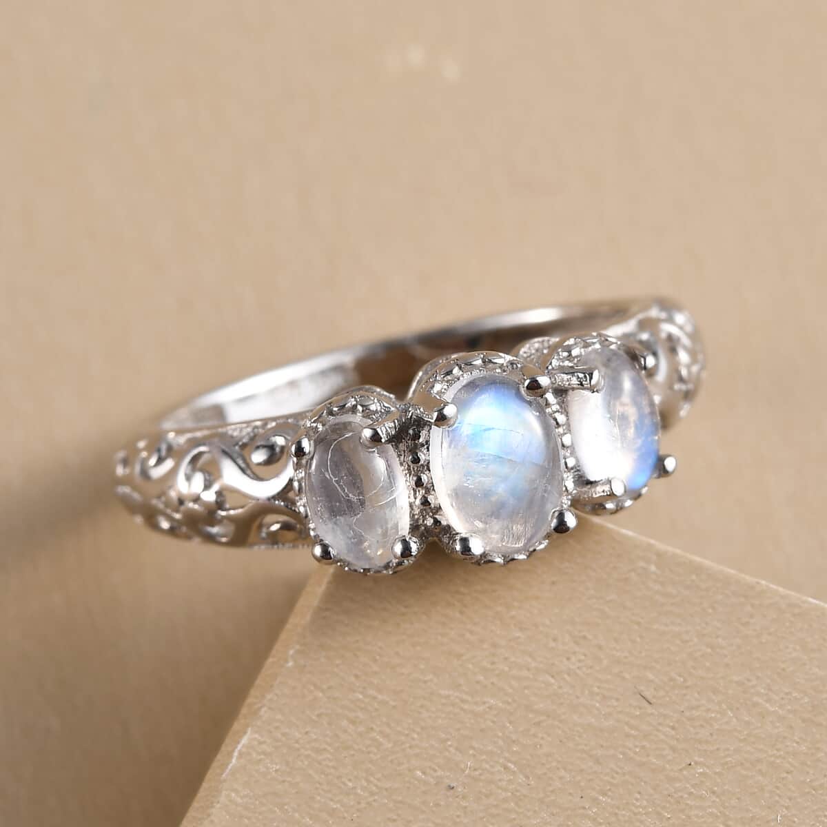 Moonstone Ring, 3 Stone Moonstone Ring, Trilogy Ring, Sterling Silver Ring, Birthstone Jewelry, Rainbow Moonstone 3 Stone Ring 1.25 ctw (Size 5) image number 1