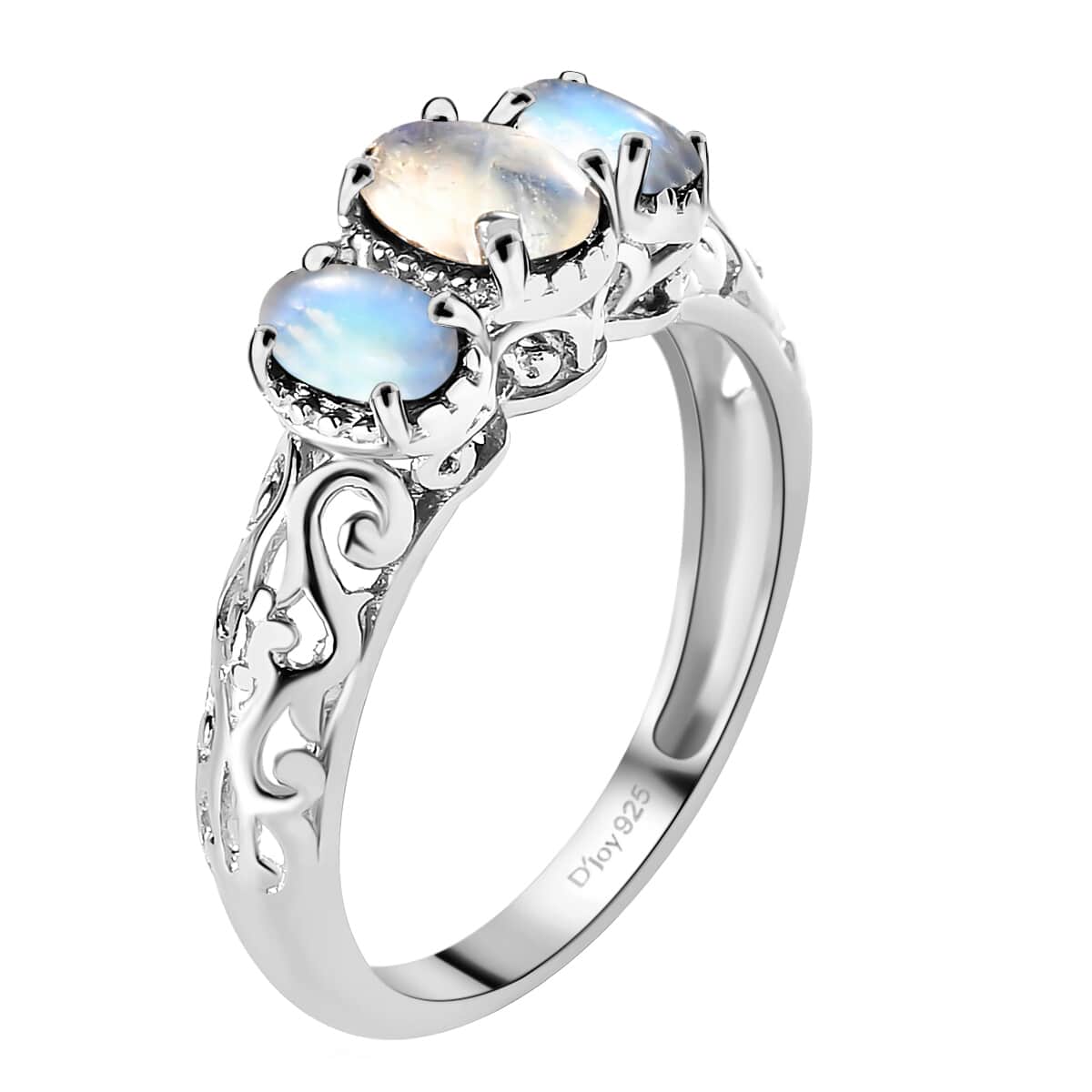 Moonstone Ring, 3 Stone Moonstone Ring, Trilogy Ring, Sterling Silver Ring, Birthstone Jewelry, Rainbow Moonstone 3 Stone Ring 1.25 ctw (Size 5) image number 5