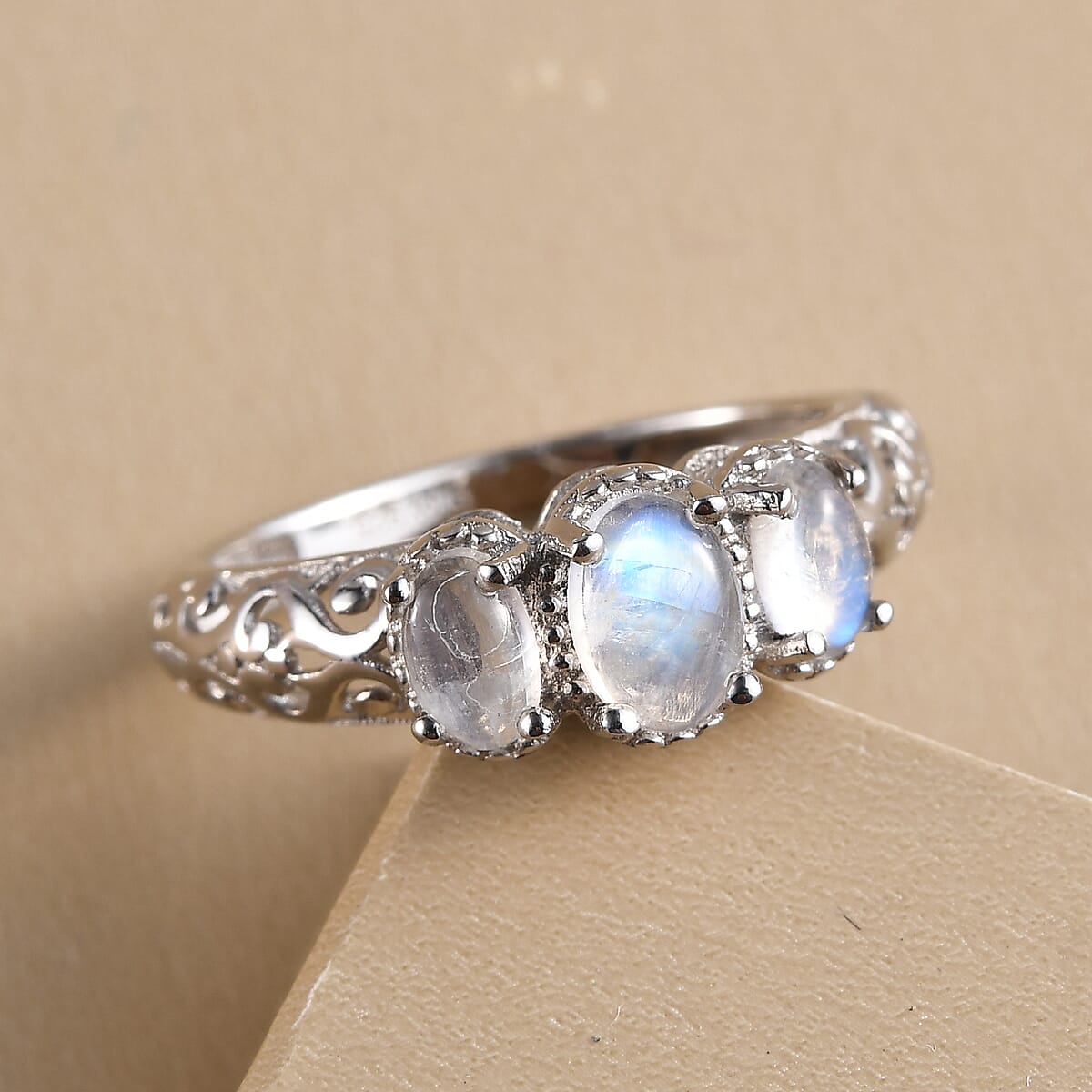 D'Joy Kuisa Rainbow Moonstone 1.10 ctw 3 Stone Ring in Platinum Over Sterling Silver (Size 6.0) image number 1