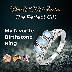 D'Joy Kuisa Rainbow Moonstone 1.10 ctw 3 Stone Ring in Platinum Over Sterling Silver (Size 6.0)