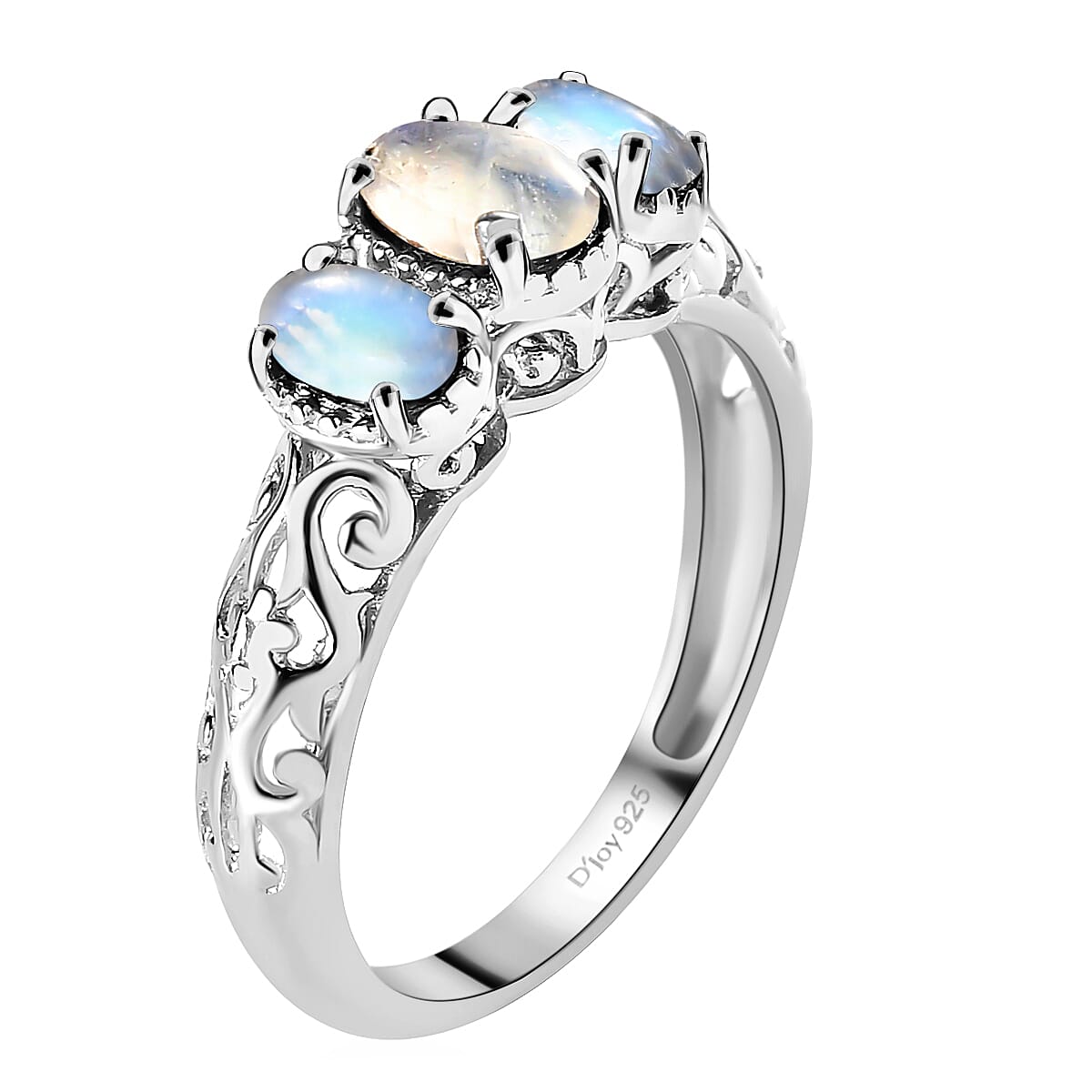 D'Joy Kuisa Rainbow Moonstone 1.10 ctw 3 Stone Ring in Platinum Over Sterling Silver (Size 6.0) image number 5