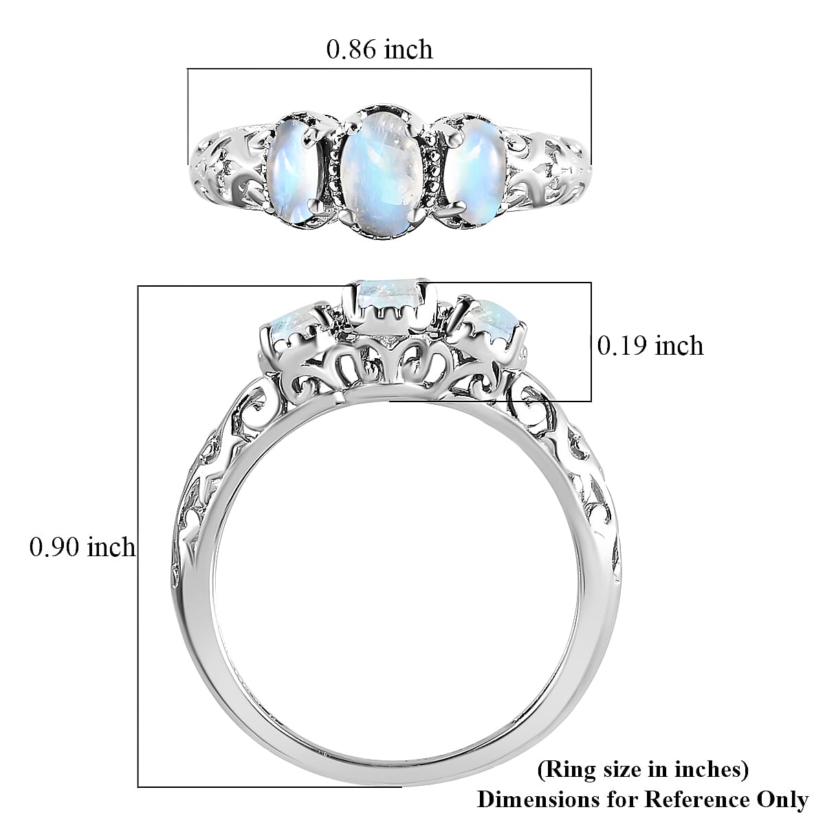 D'Joy Kuisa Rainbow Moonstone 1.10 ctw 3 Stone Ring in Platinum Over Sterling Silver (Size 6.0) image number 7