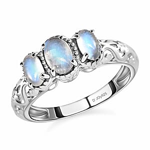 D'Joy Kuisa Rainbow Moonstone 1.10 ctw 3 Stone Ring in Platinum Over Sterling Silver (Size 7.0)