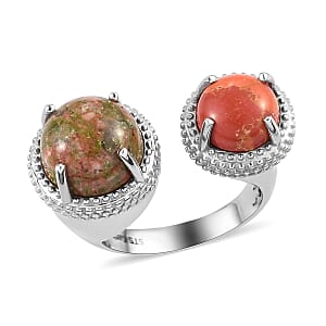 Karis Unakite and Mojave Orange Turquoise Open Band Ring in Platinum Bond (Size 9.0) 6.65 ctw