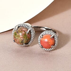 Karis Unakite and Mojave Orange Turquoise Open Band Ring in Platinum Bond (Size 9.0) 6.65 ctw